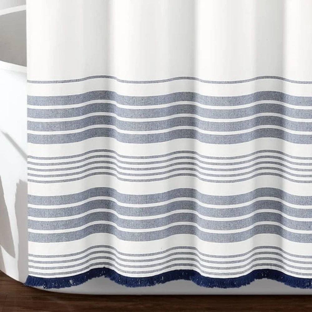 Lush Decor Nantucket Yarn Dyed Cotton Tassel Fringe Shower Curtain - White/Navy